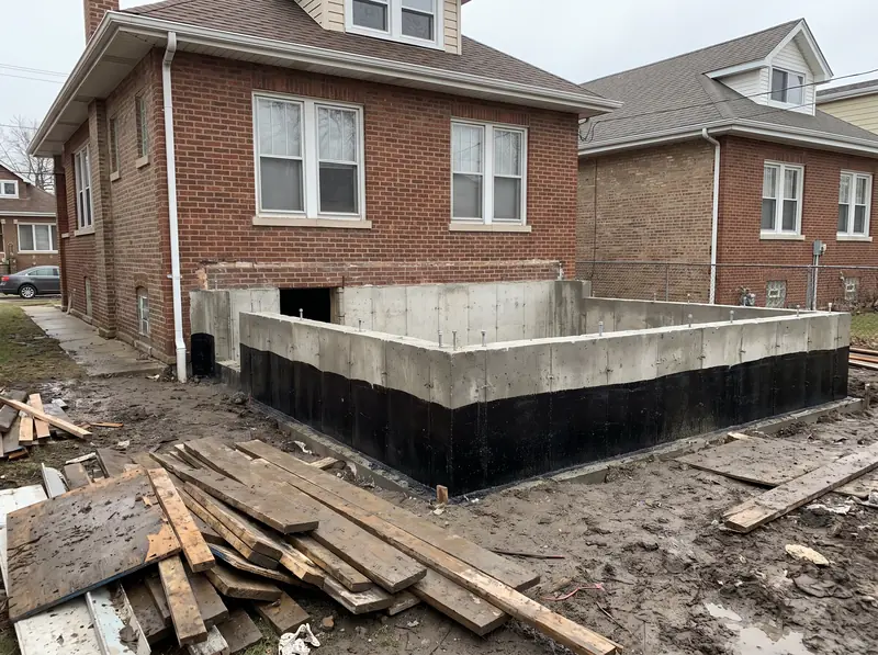 Fresh concrete foundation for a rear addition behind a brick bungalow