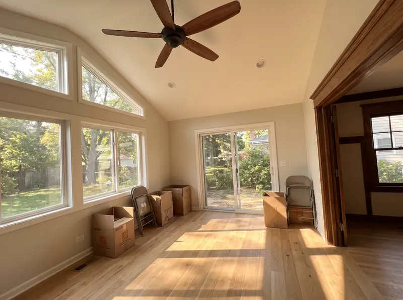 Just-finished family room addition with a vaulted ceiling