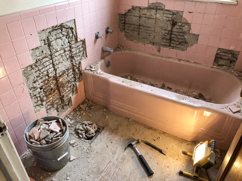 Old 1950s pink tile bathroom half torn out on demolition day