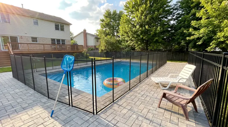 Finished inground pool with a safety fence in a suburban Chicago backyard