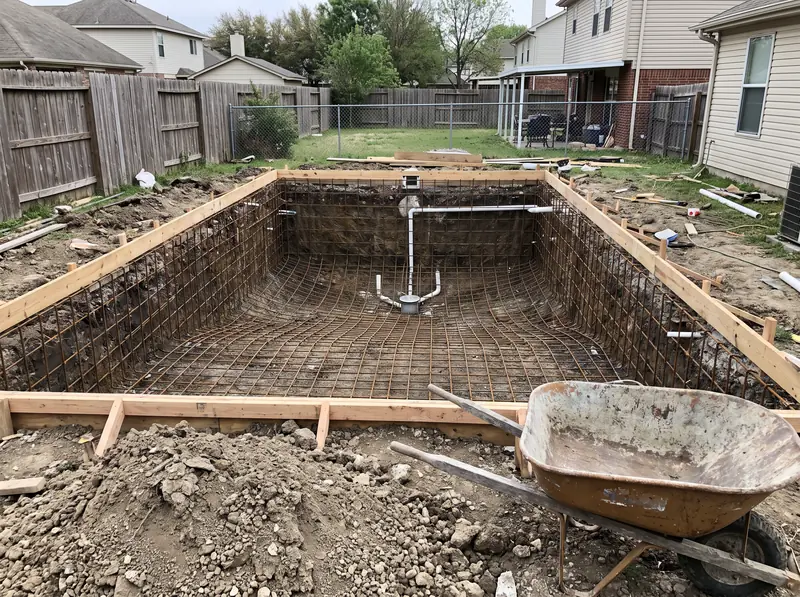 Steel rebar and plumbing set in an excavated pool before concrete